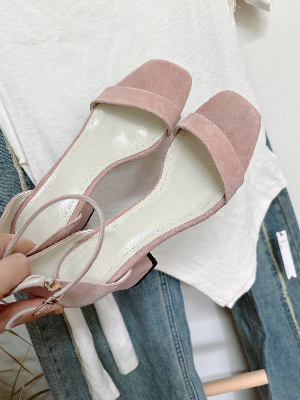 Pink Suede Square Toe Block Heel Sandals – Fits 7.5–8